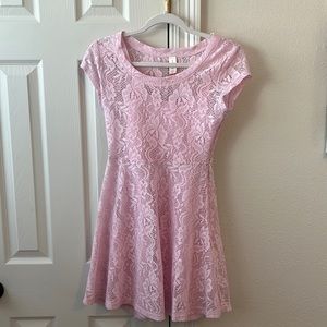 Pink Spring Dress With Floral Lace Detail and Attached Slip